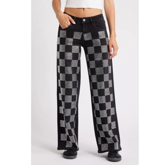 PTCL Black Rhinestone Checkerboard Wide Leg Jeans Women’s 30 NWT Y2K Streetwear - Picture 1 of 15